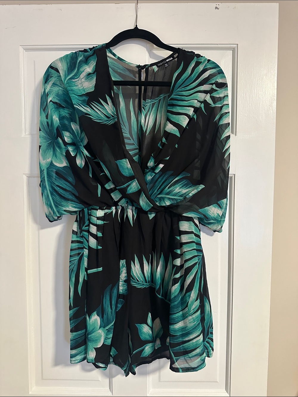 Fashion Nova Black & Teal Tropical Print Romper